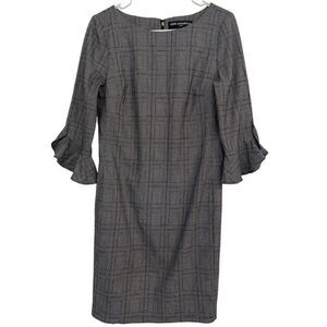 Karl Lagerfeld Sz 8 Plaid Ponte Knit Bell Ruffle Sleeve Sheath Dress Black White